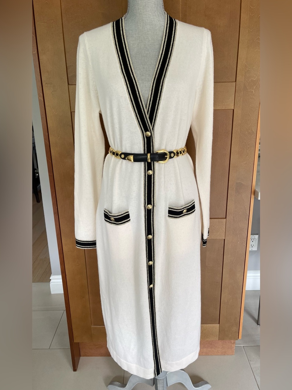 L'AGENCE Tinsley Long Merino Wool & Cashmere Cardigan Sweater/Dress Ivory/Blk, M